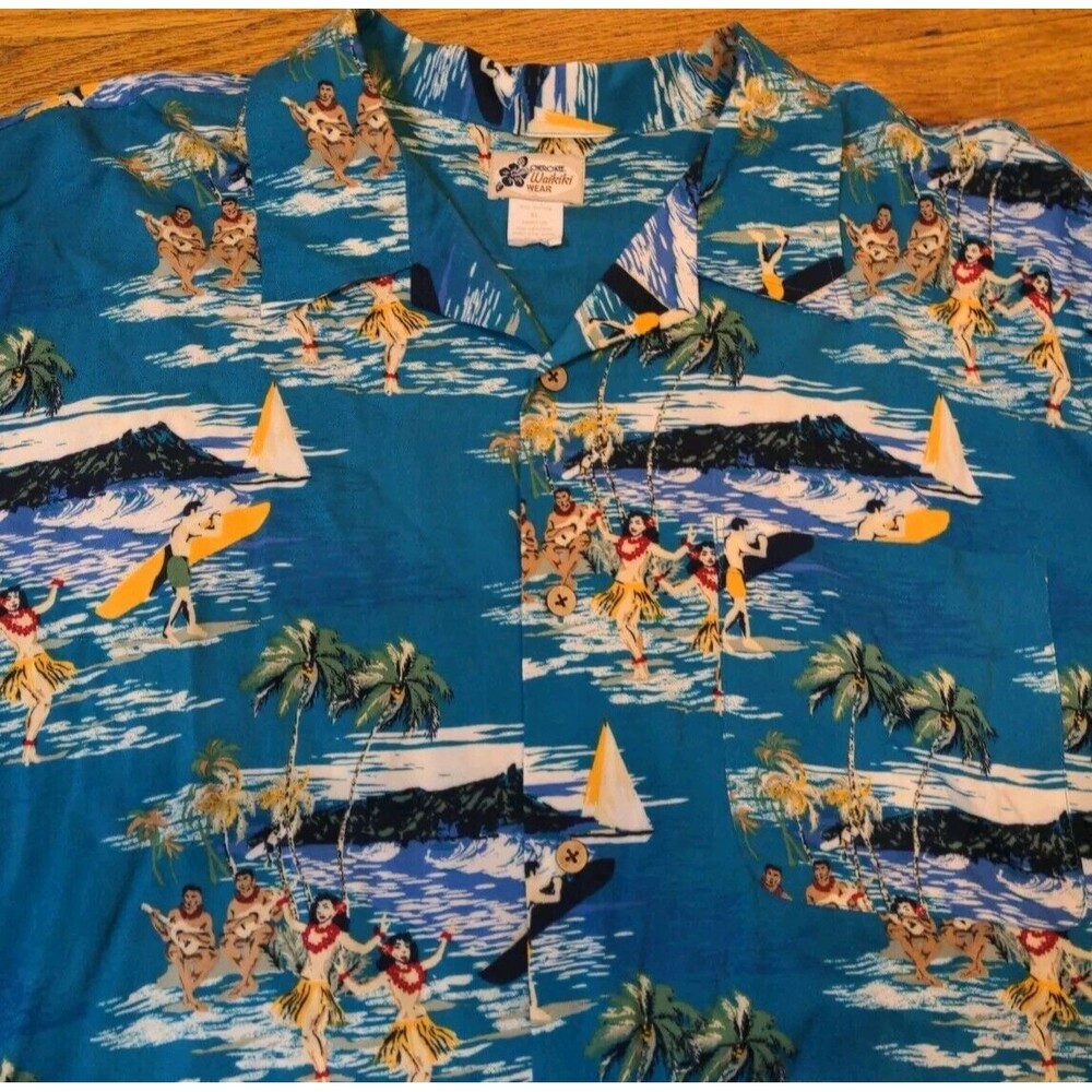 Cherokee Waikiki Wear Hawaiian Shirt Hula Girl Palm Trees Island Wear Men's XL
